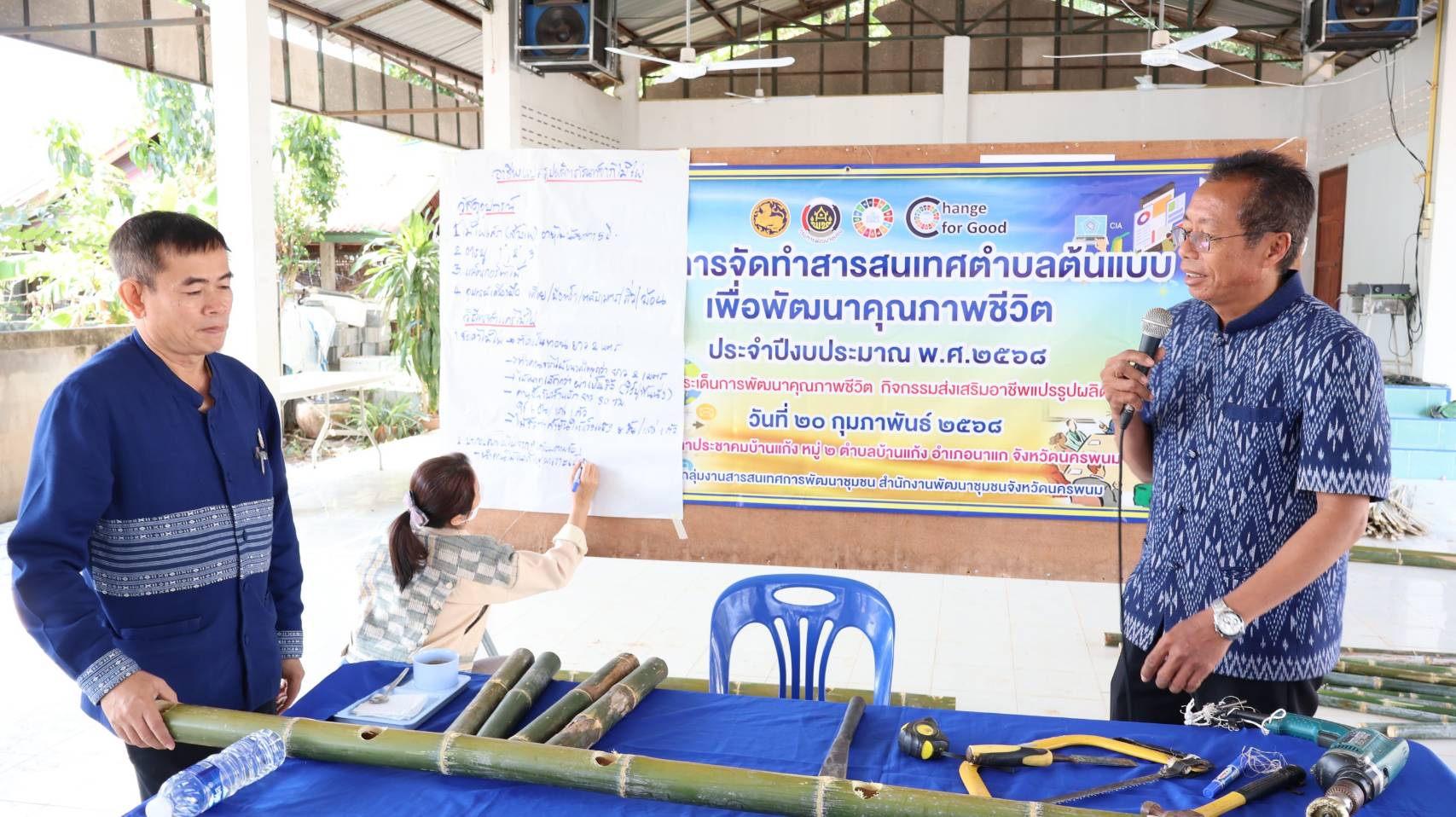 พช.นครพนม สนับสนุนประเด็นการพัฒนาคุณภาพชีวิตด้านการจัดการความเสี่ยงชุมชน กิจกรรมส่งเสริมอาชีพแปรรูปผลิตภัณฑ์จากไม้ไผ่ ตามโครงการจัดทำสารสนเทศตำบลต้นแบบเพื่อพัฒนาคุณภาพชีวิต ประจำปีงบประมาณ พ.ศ. 2568
